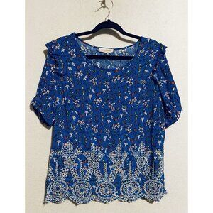 Solitaire Top Womens Large Blue Floral Ruffle Embroidered Scalloped Hem Romantic